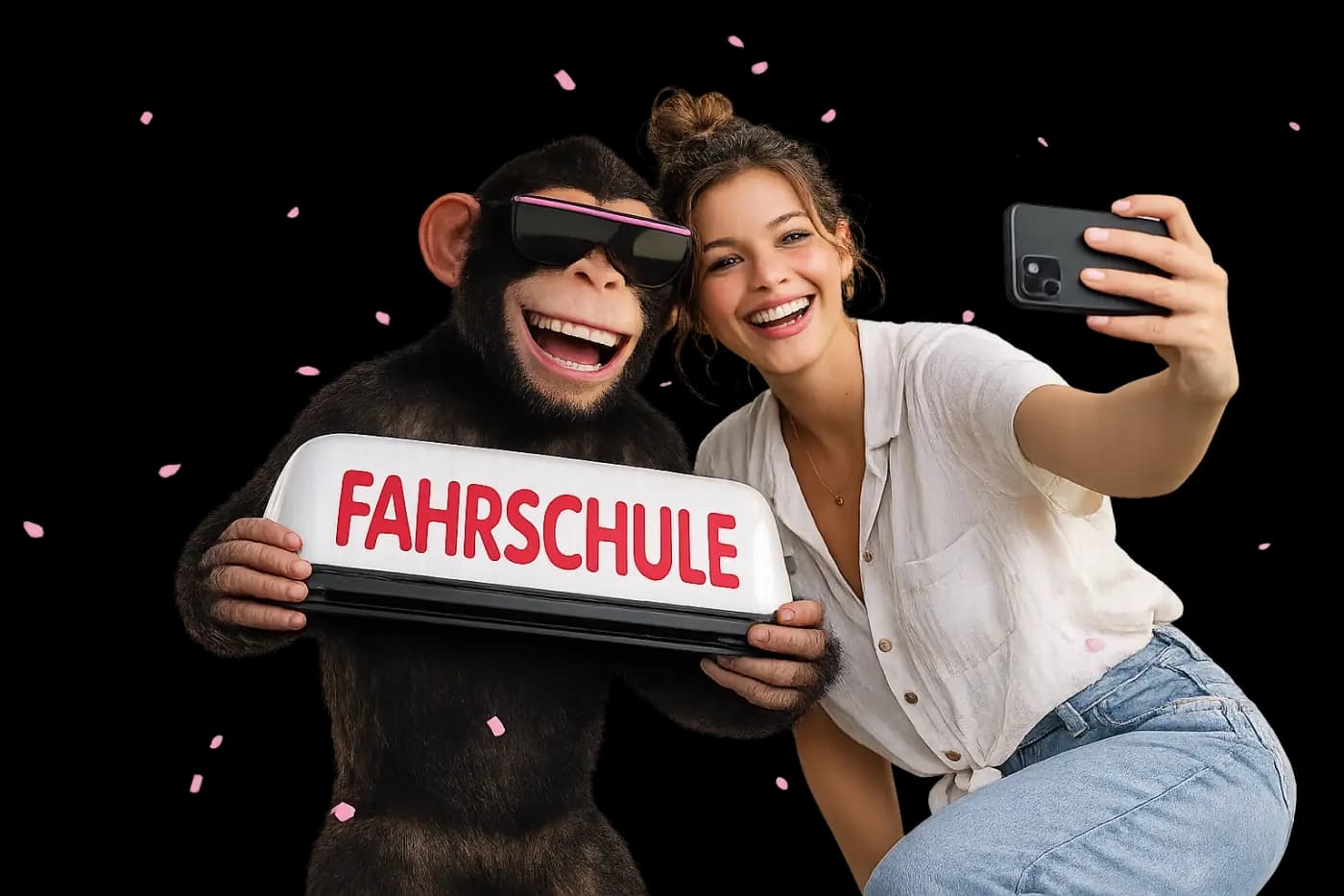 Drei Fahrschüler machen ein Selfie mit dem FahrschulenGuru-Affen, der ein beleuchtetes Fahrschul-Dachschild hält